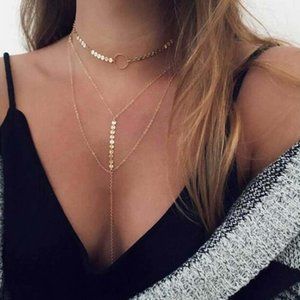 Layered Lariat Choker Necklace (Gold)
